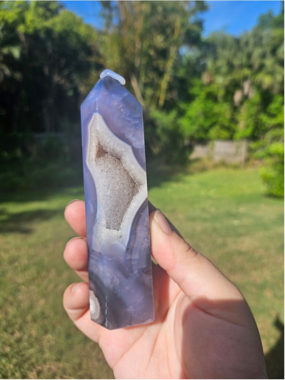 Blue flower agate tower 4.8 in with druzy
